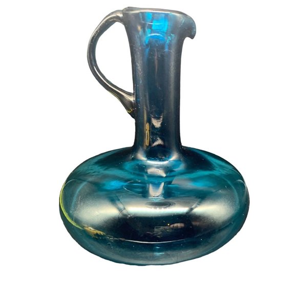 Blenko Husted Blue Jeannie Bottle Single Handle Pitcher 8" Tall 8" Wide   ~Rare~ - Picture 1 of 11